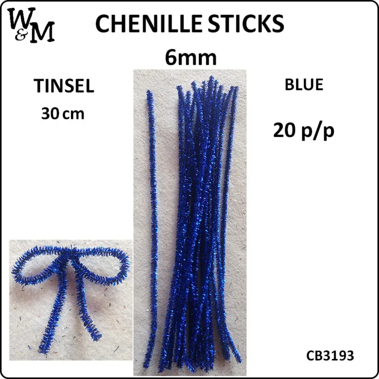 Disc - Chenille Sticks Blue Tinsel 6mm 20 p/p