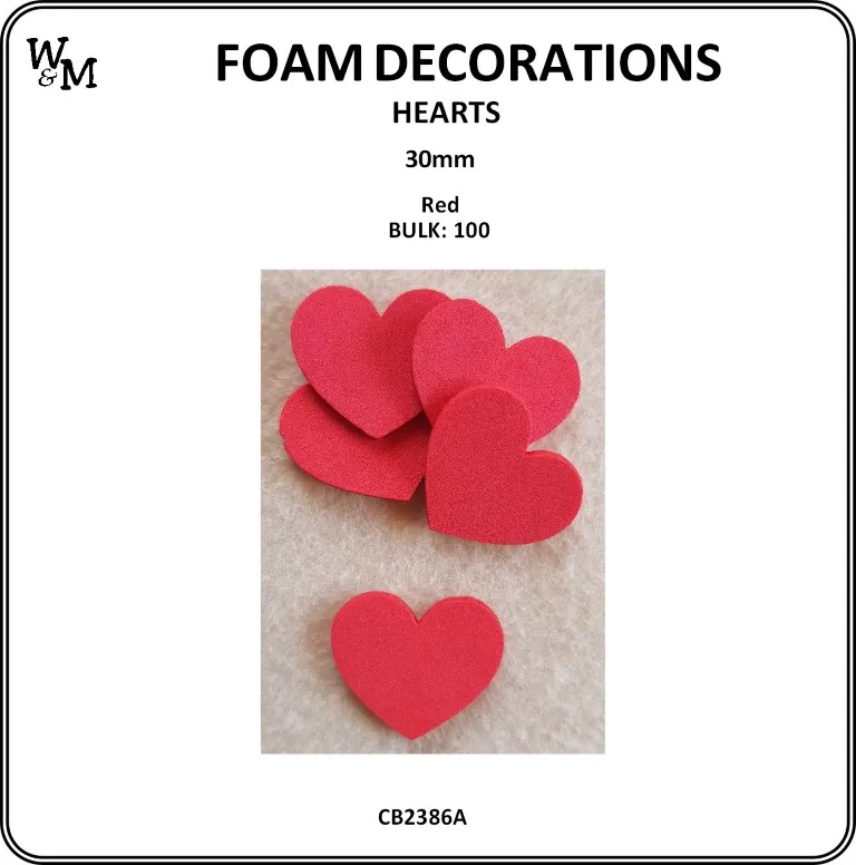 Foam Hearts Red 30mm x 100 CB2386A