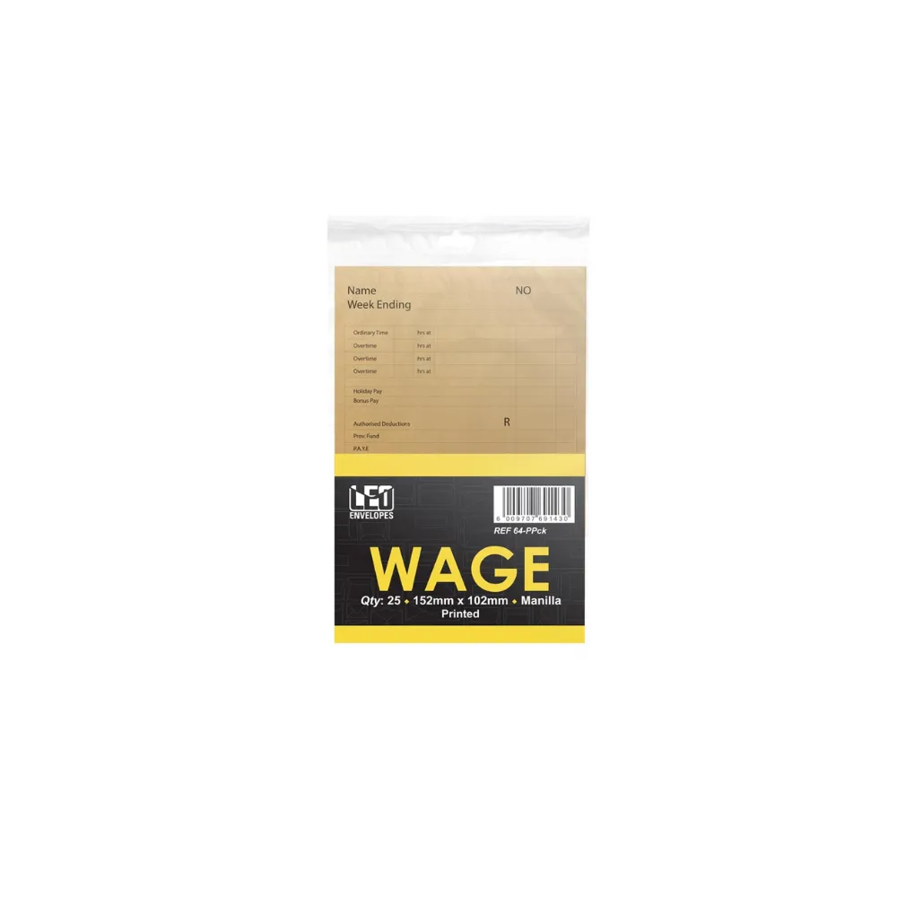 Envelope Printed Wage 64P 152mm x 102mm Manilla 25`s - Treeline