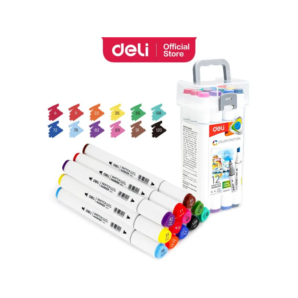 Marker Sketch Dual Tip 12 Colors Alcohol Base - Deli