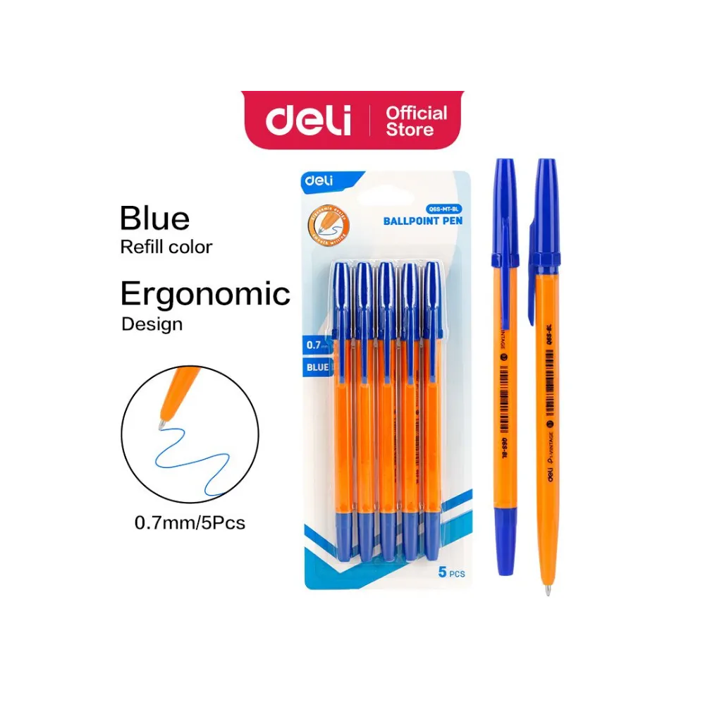 [6941798491288] Pen Fine Point Set 5`s Blue Yellow Barrel 0.7 - Deli 