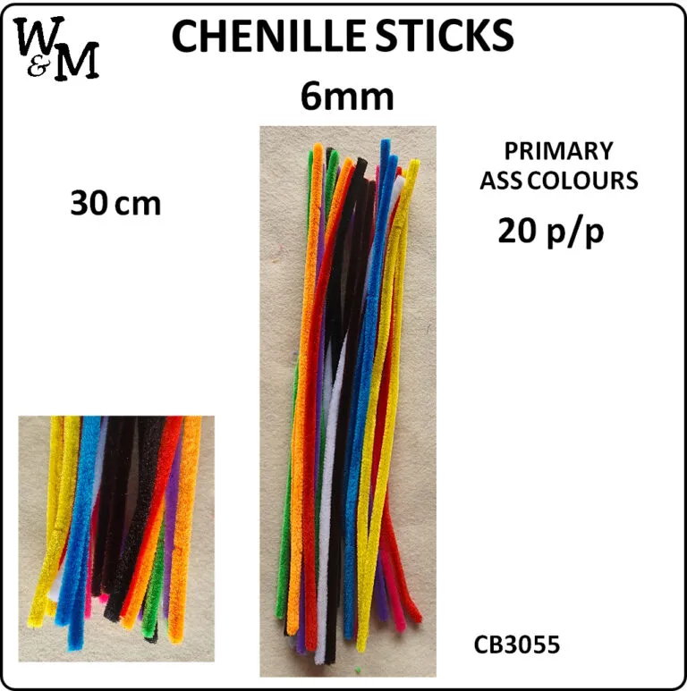 Chenille Sticks Ass Colour 6mm 20 pp